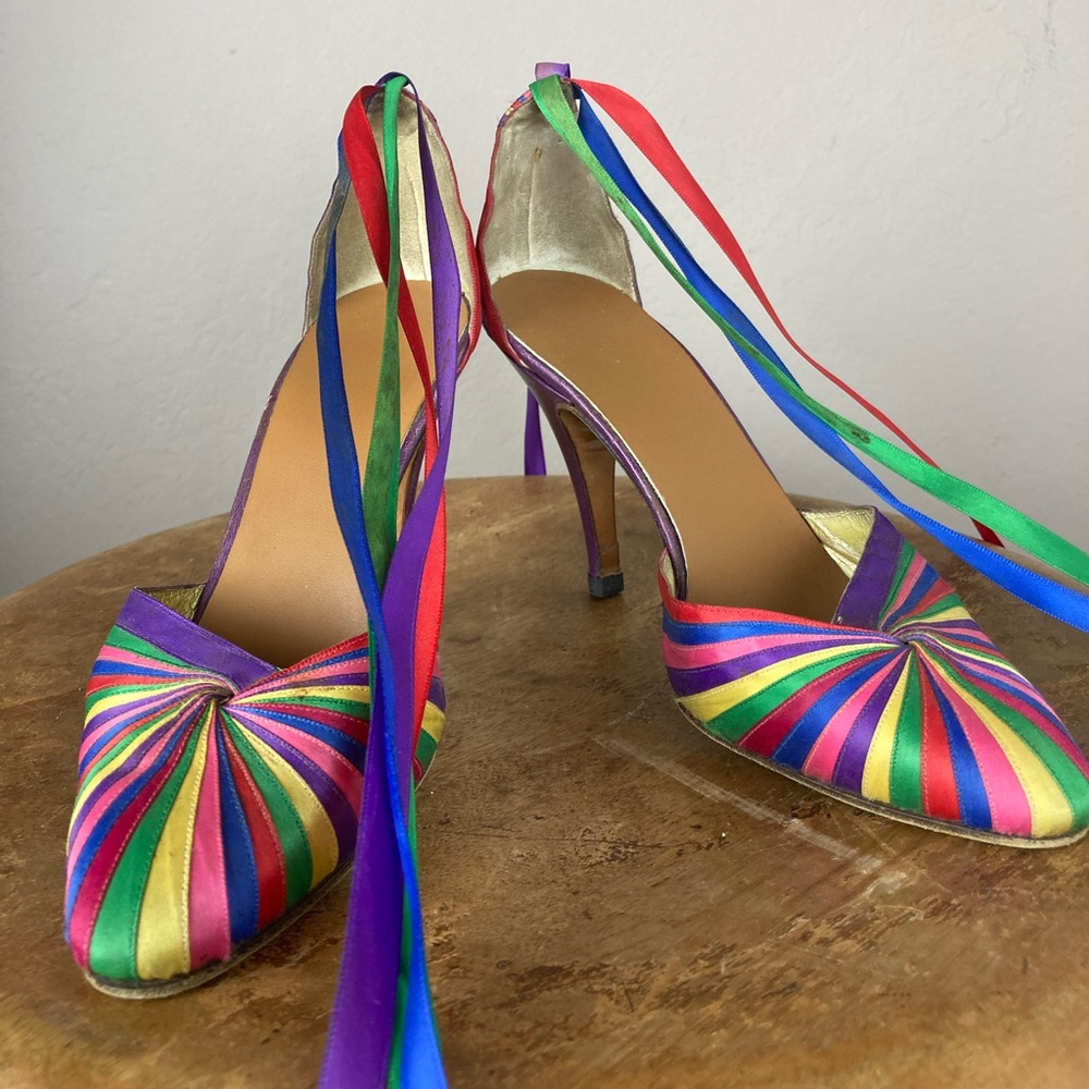 Italian Satin Rainbow Stripe Pumps with Ribbon Ties - Colorful Heels - Size 6 - Picture 1 of 10